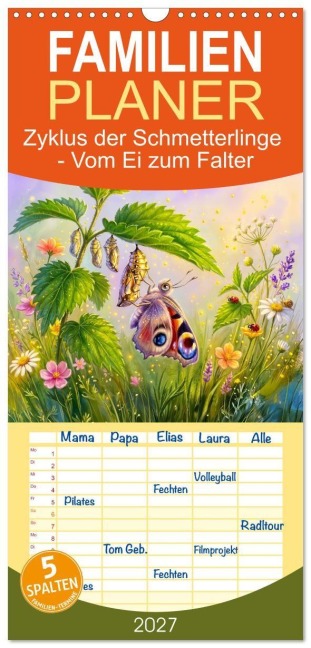 Familienplaner 2027 - Zyklus der Schmetterlinge - Vom Ei zum Falter mit 5 Spalten (Wandkalender, 21 x 45 cm) CALVENDO - Anja Frost
