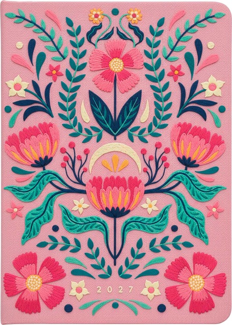 Taschenkalender A5 2027: Blütenmotiv, bestickt, rosa - 