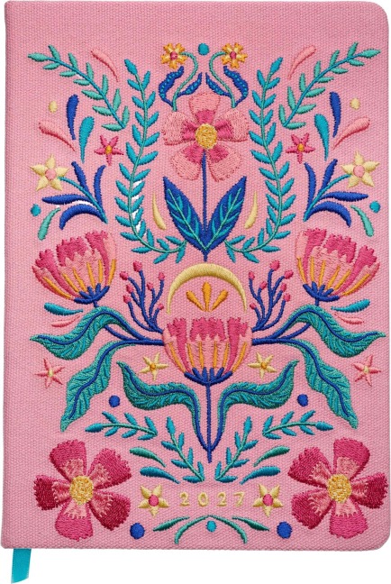 Taschenkalender A5 2027: Blütenmotiv, bestickt, rosa - 