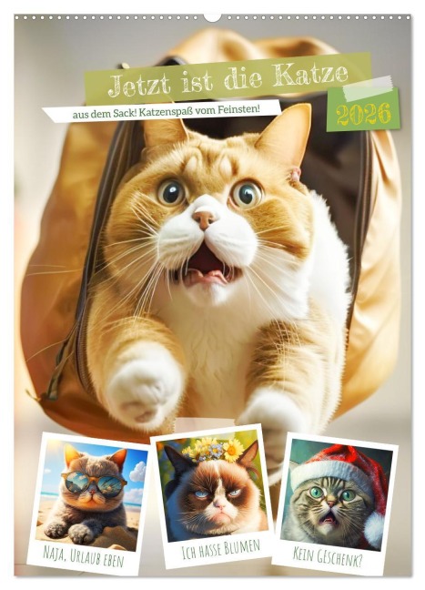 Jetzt ist die Katze aus dem Sack! Katzenspaß vom Feinsten! (Wandkalender 2026 DIN A2 hoch), CALVENDO Monatskalender - Rose Hurley