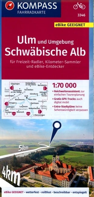 KOMPASS Fahrradkarte 3346 Ulm und Umgebung, Schwäbische Alb 1:70.000 - 