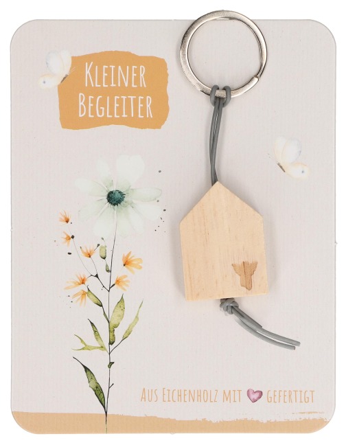 Butzon & Bercker Holz-Schlüsselanhänger Kleiner Begleiter 10,5 x 3 cm - aus unbehandeltem Eichenholz mit Engel-Lasergravur, graues Lederband, Lieferung auf Backcard mit Zuspruch - 