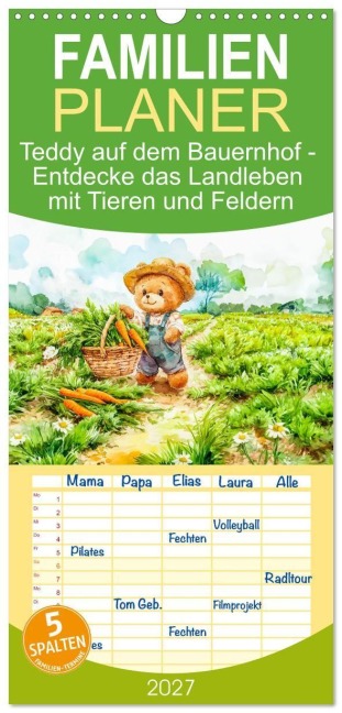 Familienplaner 2027 - Teddy auf dem Bauernhof - Entdecke das Landleben mit Tieren und Feldern mit 5 Spalten (Wandkalender, 21 x 45 cm) CALVENDO - Anja Frost