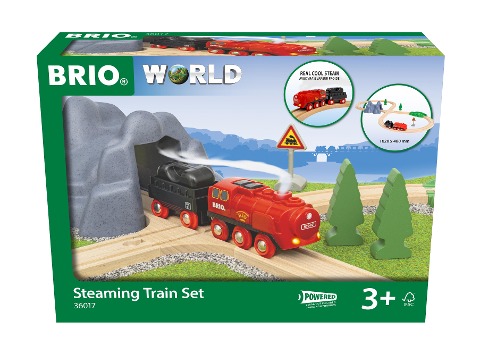 BRIO World 36017 Batterie-Dampflok Set - Aus dem Schornstein der Lokomotive strömt während der Fahrt kalter Wasserdampf - Klassisches Bahn-Acht Layout inklusive Bergtunnel - 
