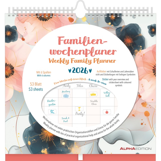 Familien Wochenkalender Flowers 2026 - Familien-Timer - Termin-Planer - Kinder-Kalender - Familien-Kalender - 30,5x30,5 - 