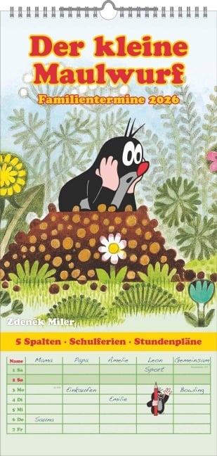 N NEUMANNVERLAGE - Der kleine Maulwurf 2026 Familienplaner, 22x45cm, Familienkalender mit 5 Spalten für Termine und Notizen, schöne Abbildungen, Stundenpläne, Schulferien und deutsches Kalendarium - 