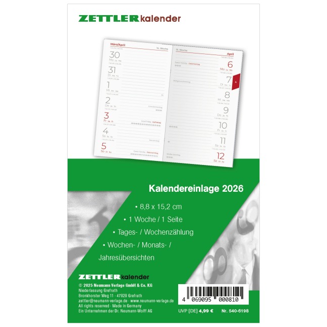 Kalender-Ersatzeinlage 2026 - für den Taschenplaner Typ 540 - 8,8x15,2 cm - 1 Woche auf 1 Seiten - separates Adressheft - faltbar - Notizheft - 540-6198 - 