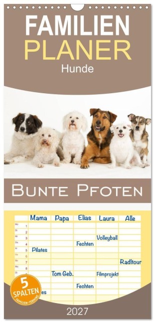 Familienplaner 2027 - Bunte Pfoten mit 5 Spalten (Wandkalender, 21 x 45 cm) CALVENDO - Nicole Noack