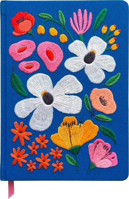 Bunte Blumengrüße Notizbuch, bestickt, A5, 240 Seiten, royalblau - 