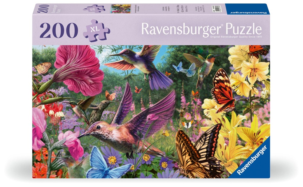 Ravensburger Puzzle 12001369 - Kolibris und Schmetterlinge - 200 Teile Puzzle für ältere Menschen und Senioren, mit größeren, griffigen Puzzleteilen, großer Bildvorlage und mit Unterlage zum Puzzeln - 