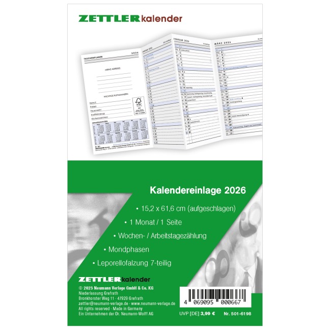 Kalender-Ersatzeinlage 2026 - für den Taschenplaner Leporello Typ 501 - 8,8 x 15,2 cm - 1 Monat auf 1 Seite - separates Adressheft - 501-6198 - 