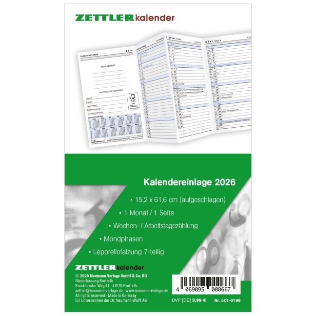 Kalender-Ersatzeinlage 2026 - für den Taschenplaner Leporello Typ 501 - 8,8 x 15,2 cm - 1 Monat auf 1 Seite - separates Adressheft - 501-6198 - 