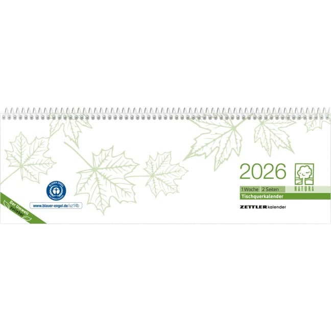 Tischquerkalender Recycling 2026 - 29,6x9,9 - 1 Woche auf 2 Seiten - Blauer Engel - Kalender aus Recyclingpapier - Stundeneinteilung 7 - 19 Uhr - 116-0700 - 
