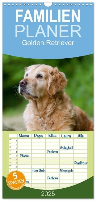 Familienplaner 2025 - Golden Retriever mit 5 Spalten (Wandkalender, 21 x 45 cm) CALVENDO - Nicole Noack