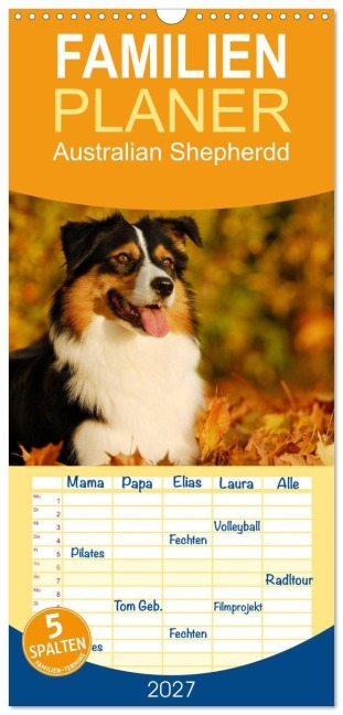 Familienplaner 2027 - Bekannt wie ein bunter Hund. Australian Shepherd mit 5 Spalten (Wandkalender, 21 x 45 cm) CALVENDO - Sigrid Starick