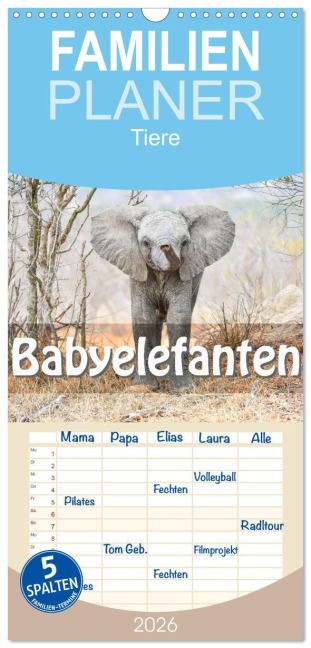 Familienplaner 2026 - Babyelefanten mit 5 Spalten (Wandkalender, 21 x 45 cm) CALVENDO - Robert Styppa