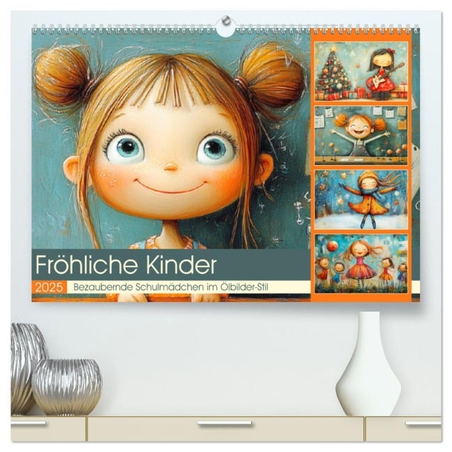 Fröhliche Kinder. Bezaubernde Schulmädchen im Ölbilder-Stil (hochwertiger Premium Wandkalender 2025 DIN A2 quer), Kunstdruck in Hochglanz - Rose Hurley