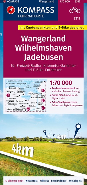 KOMPASS Fahrradkarte 3312 Wangerland, Wilhelmshaven, Jadebusen mit Knotenpunkten 1:70.000 - 