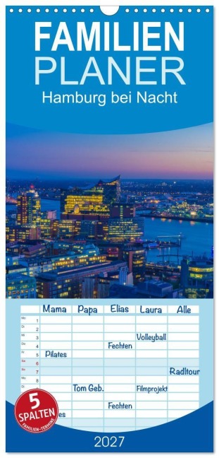 Familienplaner 2027 - Hamburg bei Nacht mit 5 Spalten (Wandkalender, 21 x 45 cm) CALVENDO - Dirk Peddinghaus