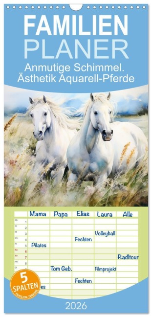 Familienplaner 2026 - Anmutige Schimmel. Ästhetik Aquarell-Pferde mit 5 Spalten (Wandkalender, 21 x 45 cm) CALVENDO - Rose Hurley
