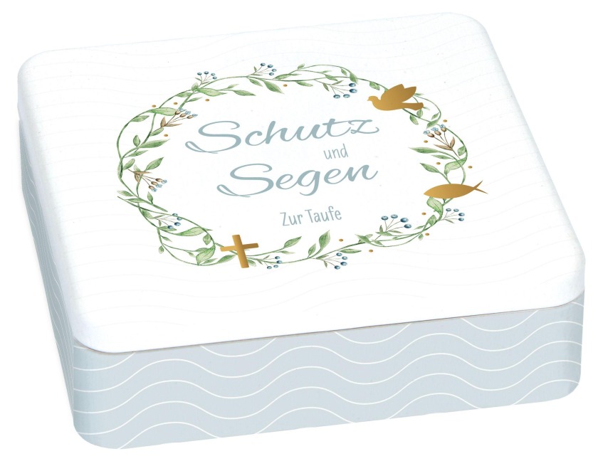 Geschenkset zur Taufe mit bedruckter Metalldose, wattiertem Geschenkbuch, Porzellan-Relief mit Band & Glasfläschchen für Taufwasser - Irmgard Erath