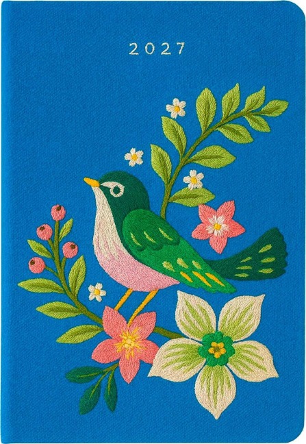 Taschenkalender A6 2027: Vogel und Blüten, bestickt, blau - 