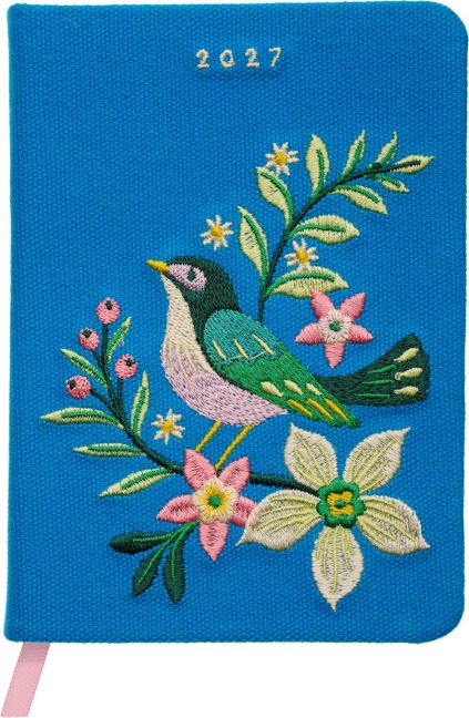 Taschenkalender A6 2027: Vogel und Blüten, bestickt, blau - 