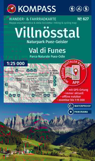 KOMPASS Wanderkarte 627 Villnösstal / Val di Funes, Naturpark Puez-Geisler / Parco Naturale Puez-Odle 1:25.000 - 