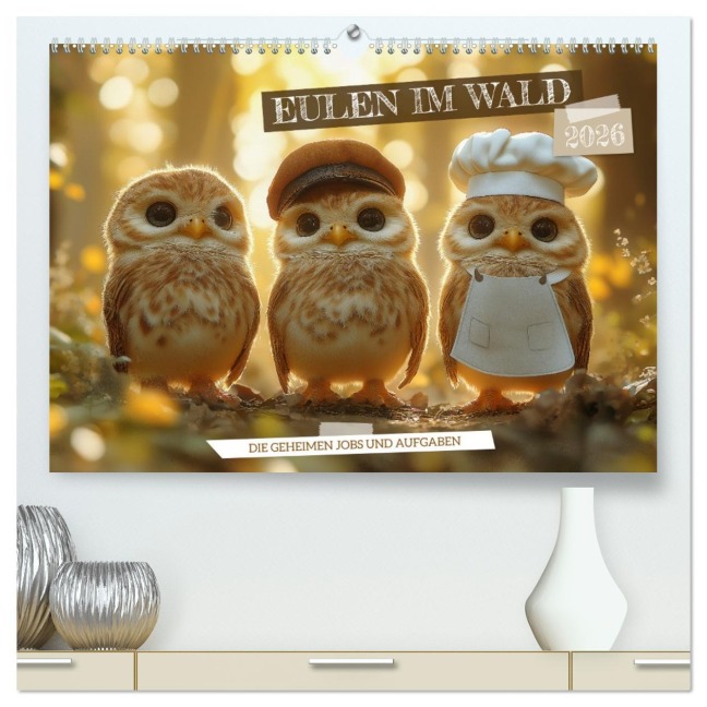 Eulen im Wald - Die geheimen Jobs und Aufgaben (hochwertiger Premium Wandkalender 2026 DIN A2 quer), Kunstdruck in Hochglanz - Mb Fotografie