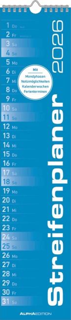 Streifenplaner BLAU 2026 - Streifenkalender - Wandplaner - Küchen-Kalender - 11,3x49,5 - 