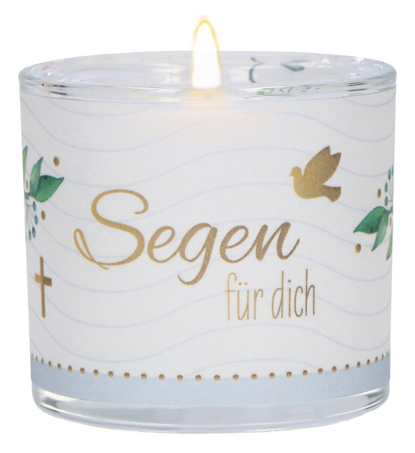 Butzon & Bercker Glaswindlicht "Segen für dich" Ø 6 cm - handgeblasenes Windlicht mit Pergamentumleger, türkise Geschenkverpackung, weißes Teelicht, liebevolles Geschenk zur Taufe - 