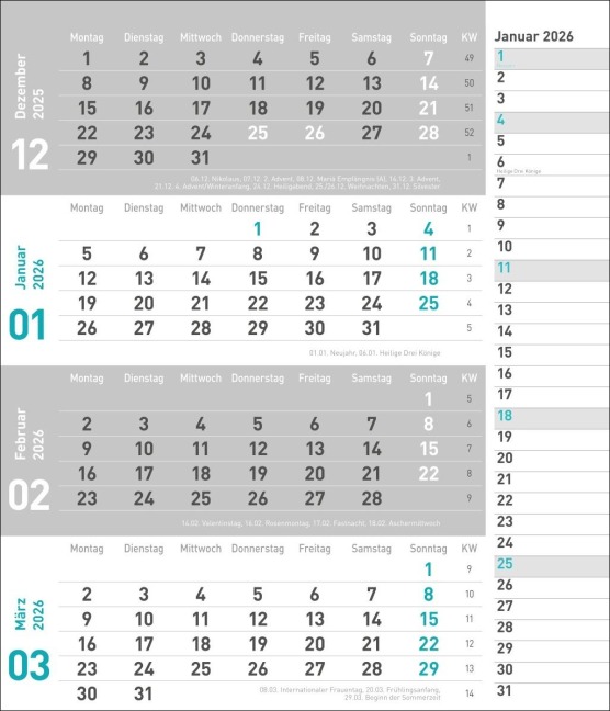 times&more 4-Monatsplaner, türkis 2026 - 