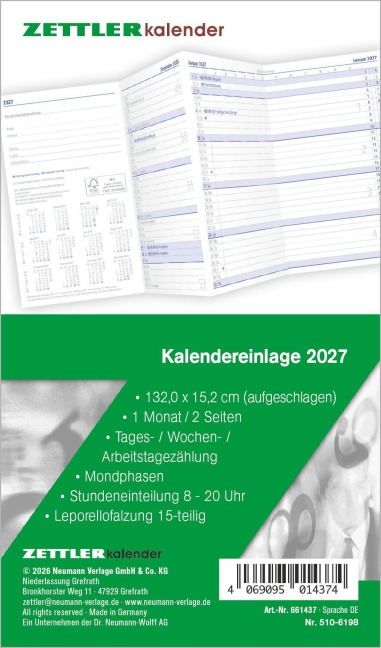 Kalenderersatzeinlage TP 1M/2S Leporello 2027 - 