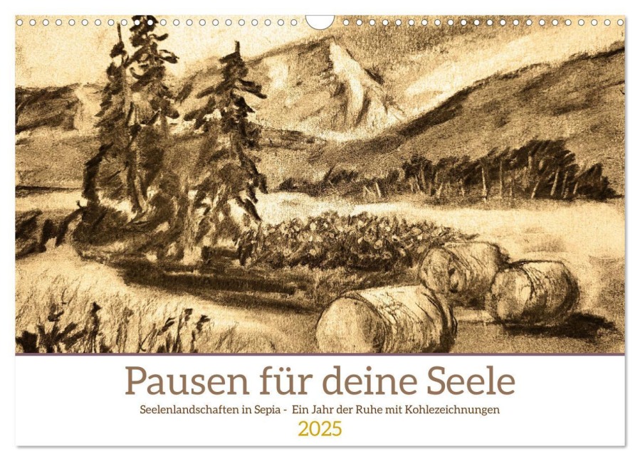 Pausen für deine Seele - Seelenlandschaften in Sepia - Ein Jahr der Ruhe mit Kohlezeichnungen (Wandkalender 2025 DIN A3 quer), CALVENDO Monatskalender - Michaela Schimmack