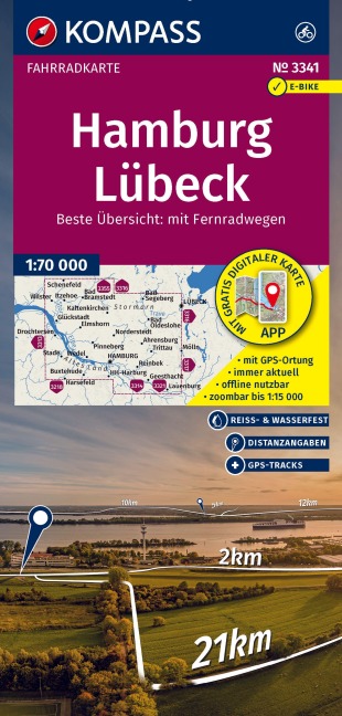 KOMPASS Fahrradkarte 3341 Hamburg, Lübeck 1:70.000 - 