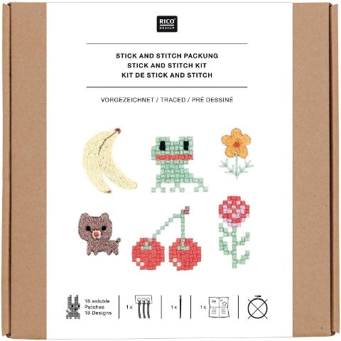 Stick & Stitch Packung Pixel Art Mix, inkl. wasserlöslicher Stickvorlage, inkl. wasserlöslicher, bedruckter Stickvorlage, Stickgar - 