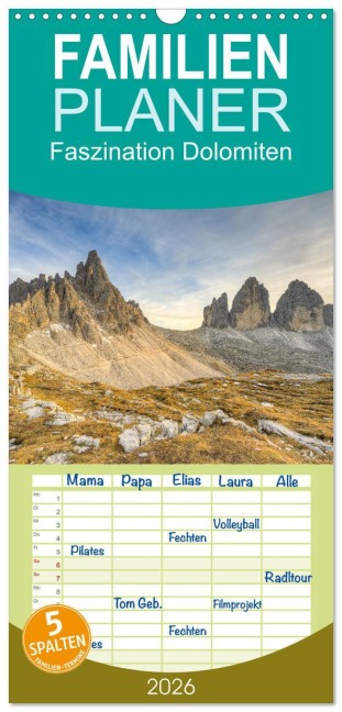 Familienplaner 2026 - Faszination Dolomiten mit 5 Spalten (Wandkalender, 21 x 45 cm) CALVENDO - Michael Valjak