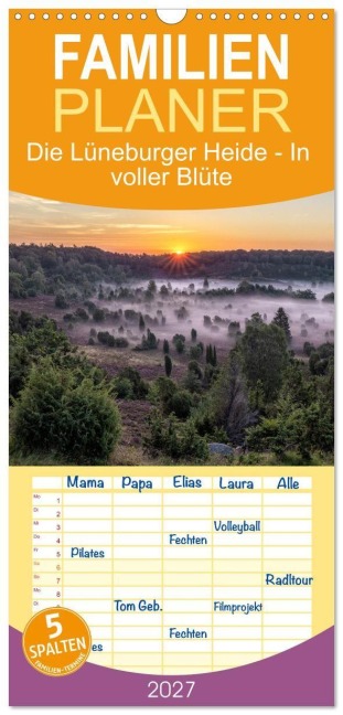 Familienplaner 2027 - Die Lüneburger Heide - In voller Blüte mit 5 Spalten (Wandkalender, 21 x 45 cm) CALVENDO - AkremaFotoArt