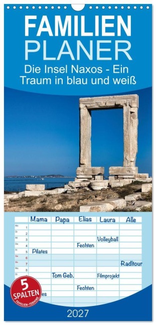 Familienplaner 2027 - Die Insel Naxos - Ein Traum in blau und weiß mit 5 Spalten (Wandkalender, 21 x 45 cm) CALVENDO - Rsiemer
