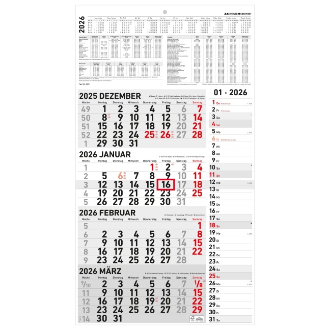 4-Monatskalender Kombi 2026 - Büro-Kalender 33x45 cm (geöffnet) - mit Datumsschieber - Zettler - 961-0011 - 