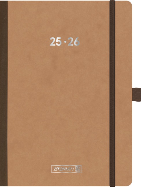 BRUNNEN Schülerkalender (2025/2026) FACT!plus, 2 Seiten = 1 Woche, A5, 208 Seiten, Pressspan-Umschlag, braun - 