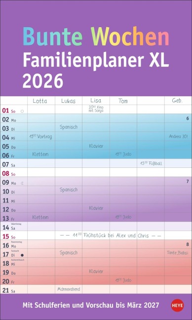 Bunte Wochen Familienplaner XL 2026 - 