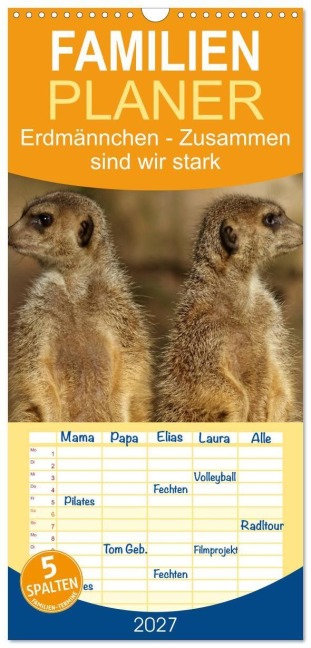 Familienplaner 2027 - Erdmännchen - Zusammen sind wir stark mit 5 Spalten (Wandkalender, 21 x 45 cm) CALVENDO - Peter Hebgen