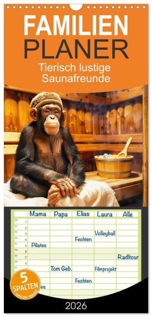 Familienplaner 2026 - Tierisch lustige Saunafreunde mit 5 Spalten (Wandkalender, 21 x 45 cm) CALVENDO - Peter Rübsamen