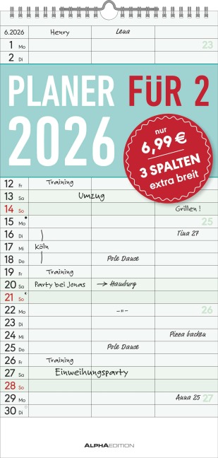 Planer für zwei 2026 mit 3 Spalten - Familien-Timer 22x45 cm - Offset-Papier - mit Ferienterminen - Wand-Planer - Familienkalender - Alpha Edition - 