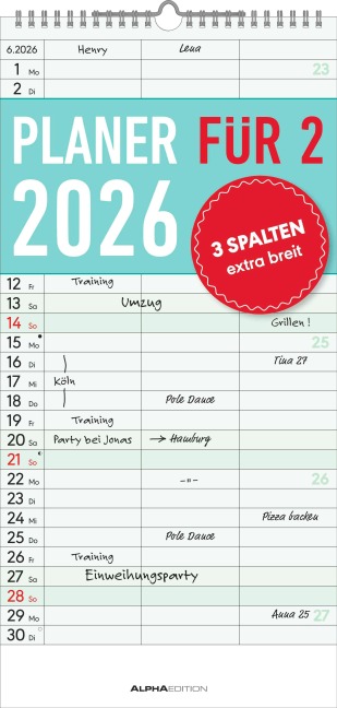 Planer für zwei 2026 mit 3 Spalten - Familien-Timer 22x45 cm - Offset-Papier - mit Ferienterminen - Wand-Planer - Familienkalender - Alpha Edition - 