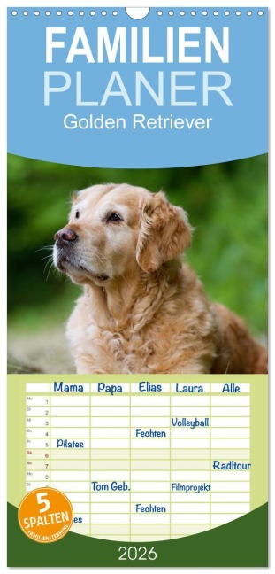 Familienplaner 2026 - Golden Retriever mit 5 Spalten (Wandkalender, 21 x 45 cm) CALVENDO - Nicole Noack