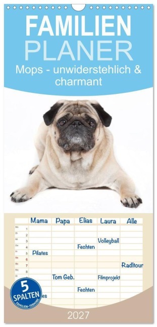 Familienplaner 2027 - Mops - unwiderstehlich und charmant mit 5 Spalten (Wandkalender, 21 x 45 cm) CALVENDO - Fotodesign Verena Scholze