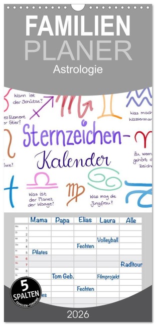 Familienplaner 2026 - Sternzeichen-Kalender mit 5 Spalten (Wandkalender, 21 x 45 cm) CALVENDO - Martje Kleinhans - Kritzelfee