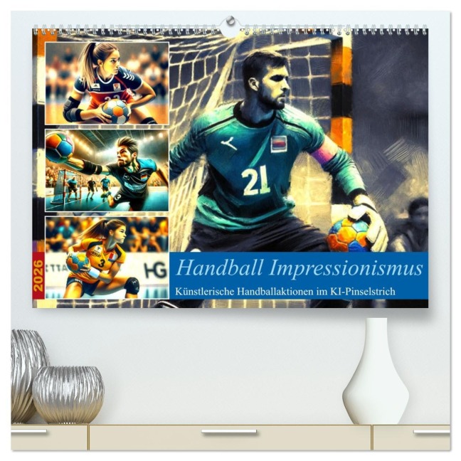 Handball Impressionismus, Künstlerische Handballaktionen im KI-Pinselstrich (hochwertiger Premium Wandkalender 2026 DIN A2 quer), Kunstdruck in Hochglanz - Marco Warstat
